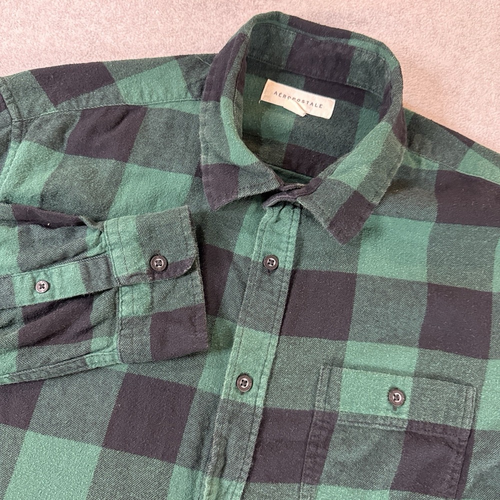 Aeropostale Mens Large Green Black Buffalo Plaid Flannel Shirt Button Down Cotto